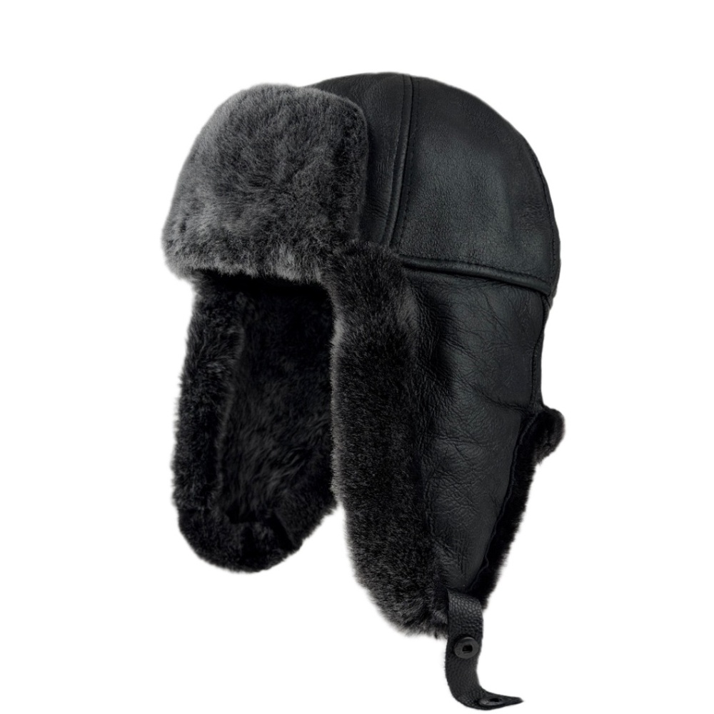 Black Real Shearling Leather Trapper Hat Aviator | Winter Hat | Ushanka